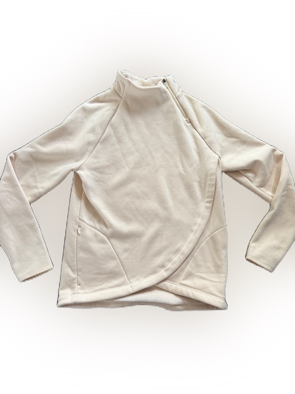 Athleta Girl Cream Long Sleeve Fleece Pullover Asym Zip Sweatshirt. XL 14